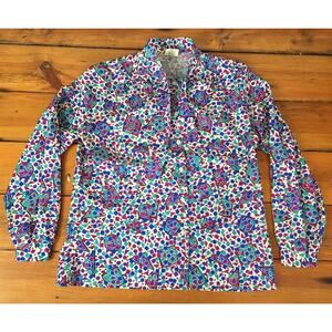 Vtg 80s Vibrant Geometric Bow Neck Ascot Secretary Womens Shirt L 43" Chest